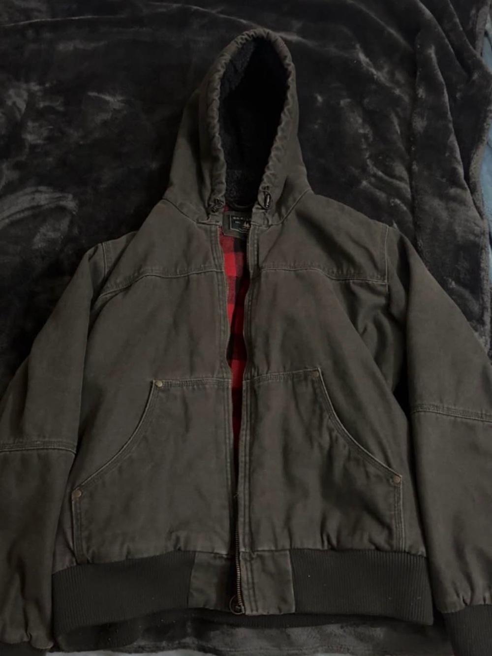 G.H. Bass & Co. Hooded Work Jacket in Brown with Red Plaid Lining